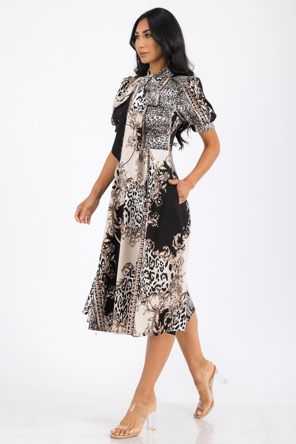 Multi Print Self Tie Bow Midi Dress - 1343