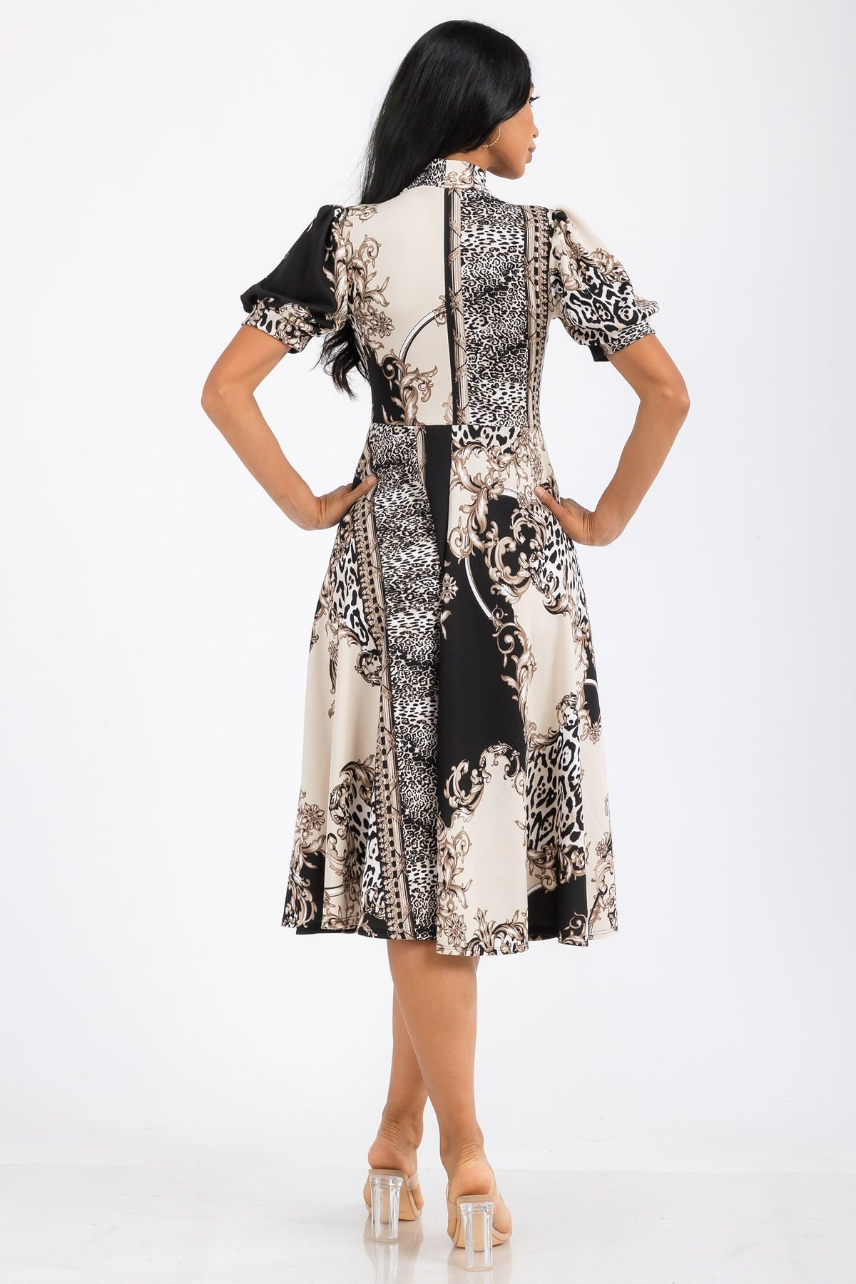 Multi Print Self Tie Bow Midi Dress - 1343