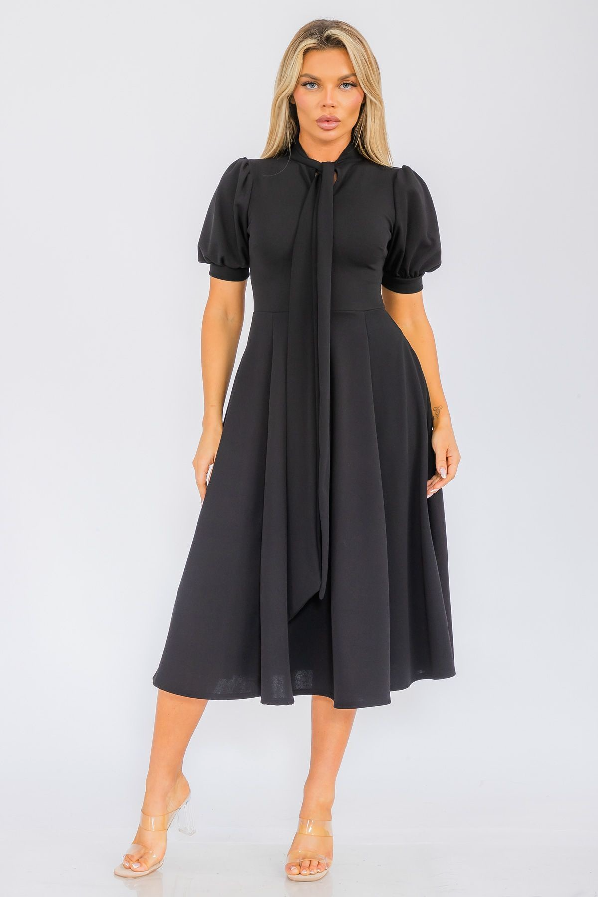 Black Self Tie Midi Flare Dress - 1344