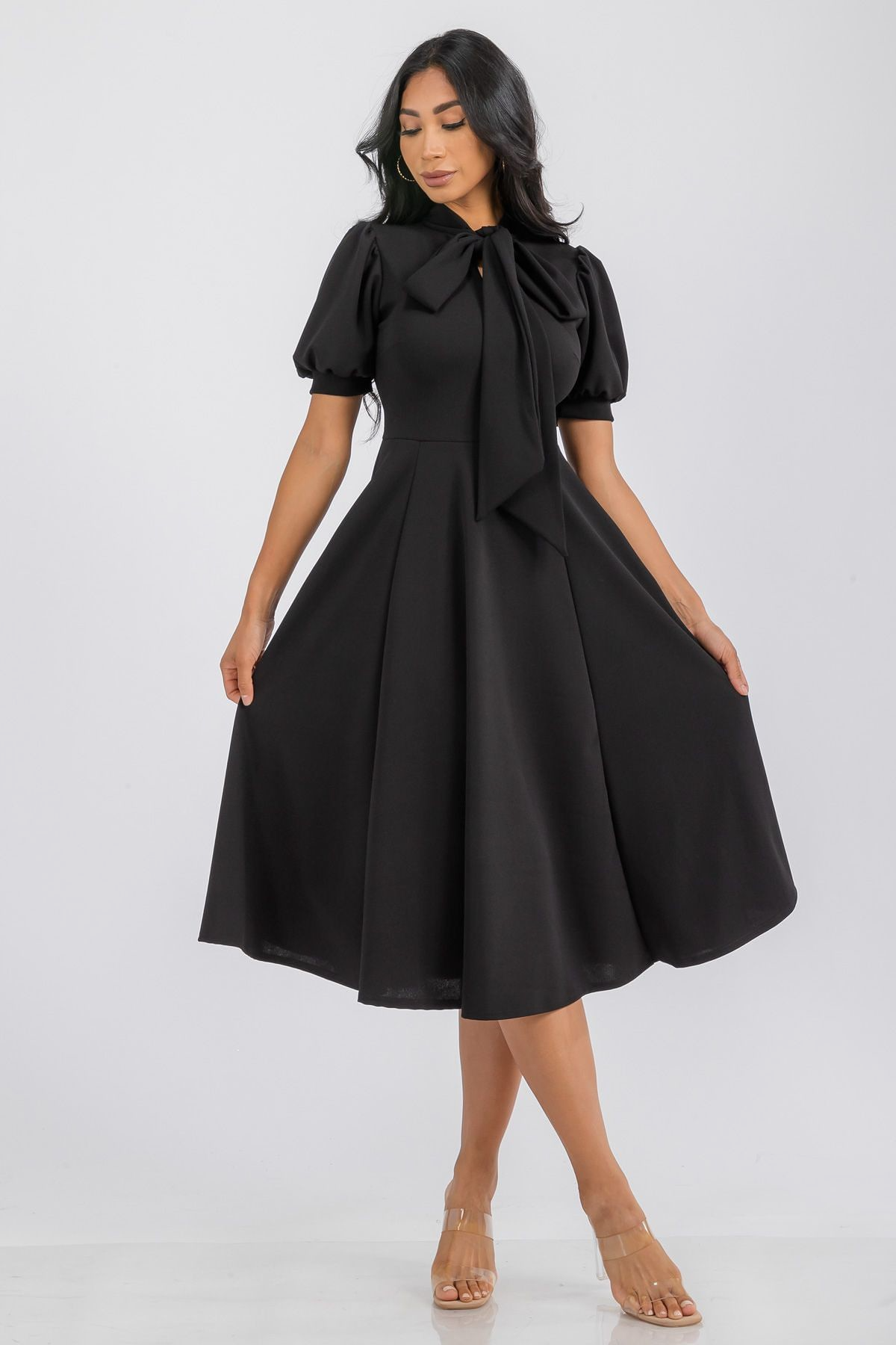 Black Self Tie Midi Flare Dress - 1344