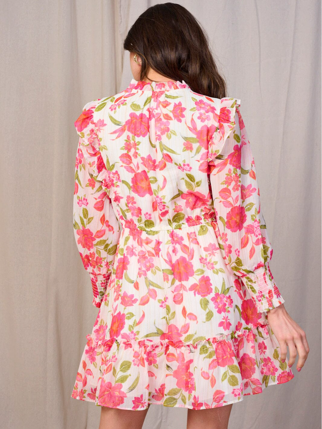 Long Sleeve Elastic Waist Ruffle Floral Mini Dress - 1693