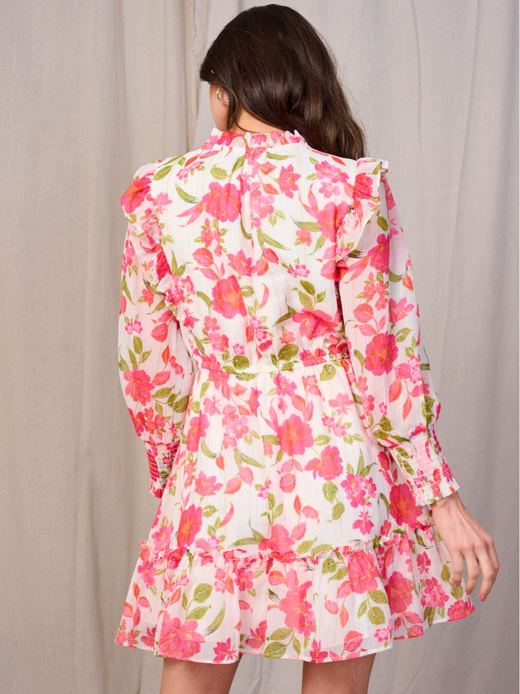 Long Sleeve Elastic Waist Ruffle Floral Mini Dress - 1693