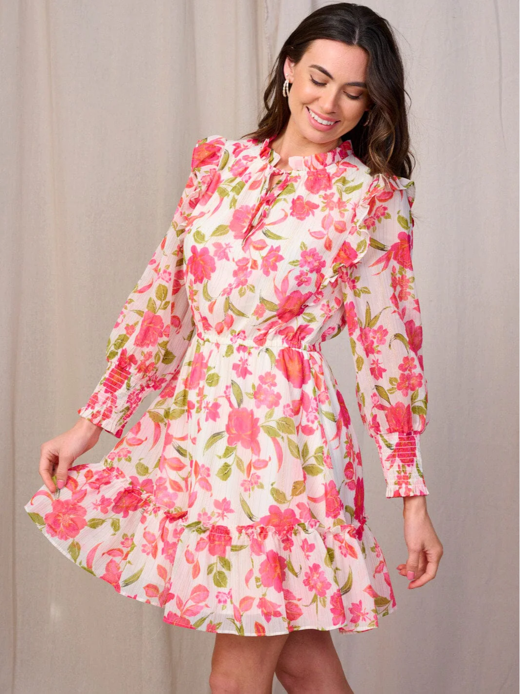 Long Sleeve Elastic Waist Ruffle Floral Mini Dress - 1693