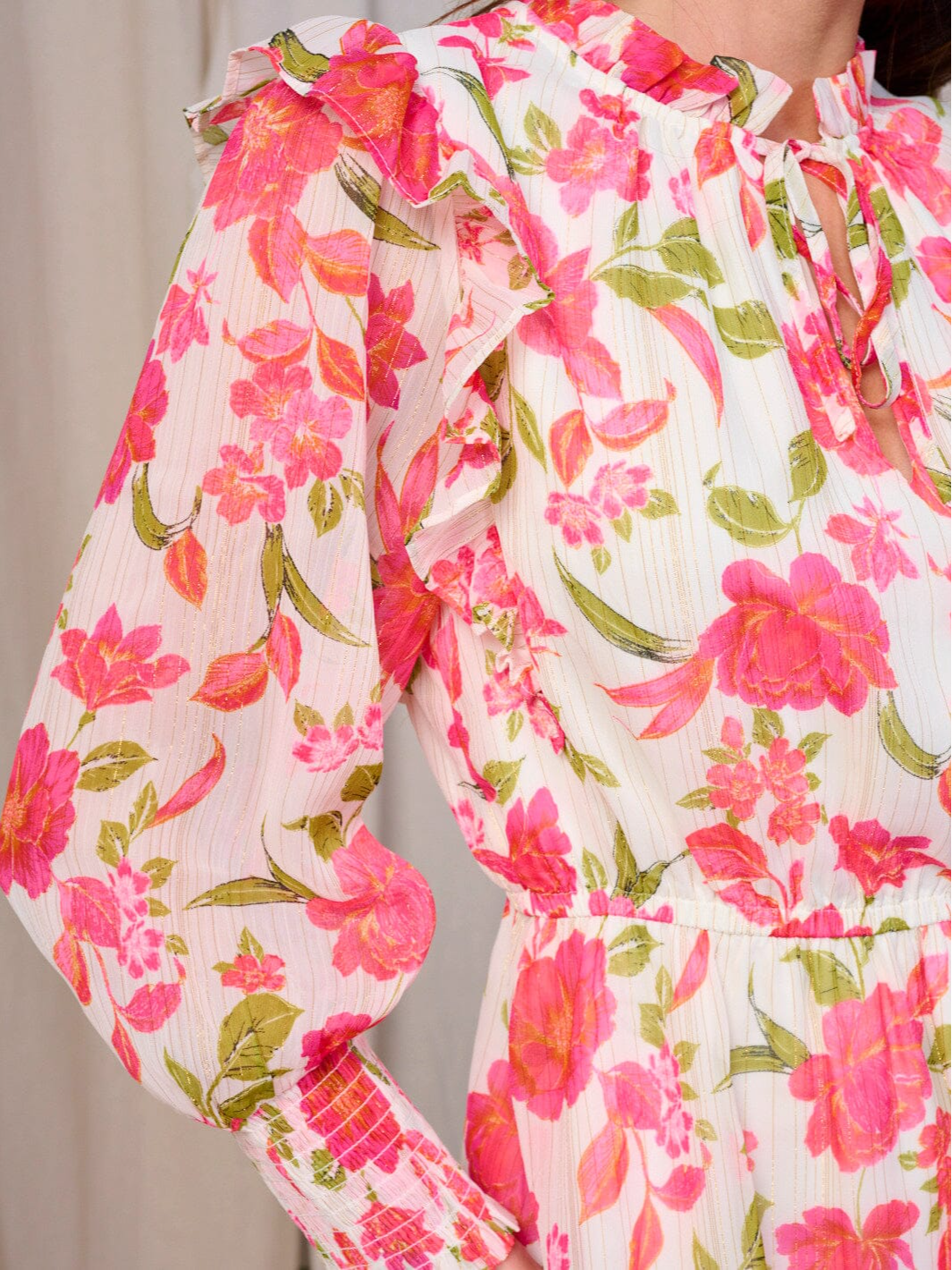 Long Sleeve Elastic Waist Ruffle Floral Mini Dress - 1693