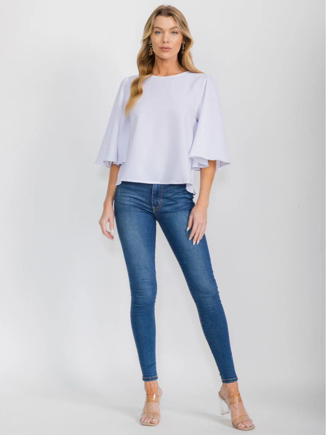 White Bell Sleeve Solid Blouse - 1695