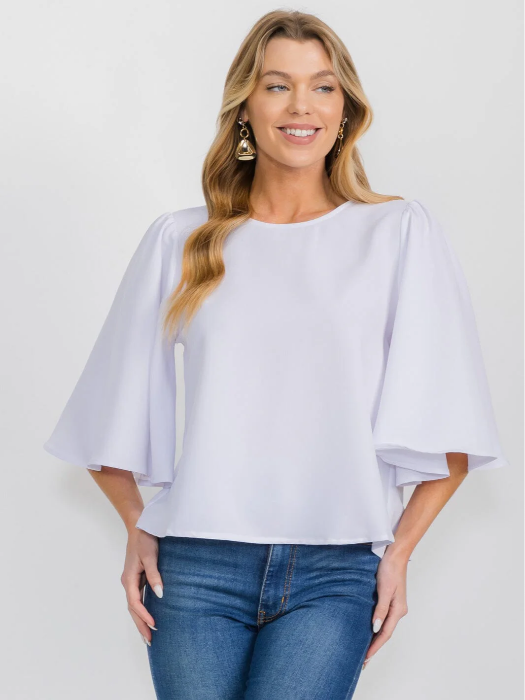 White Bell Sleeve Solid Blouse - 1695