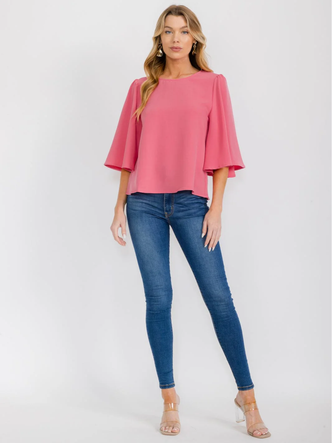 Pink Bell Sleeve Solid Blouse - 1694