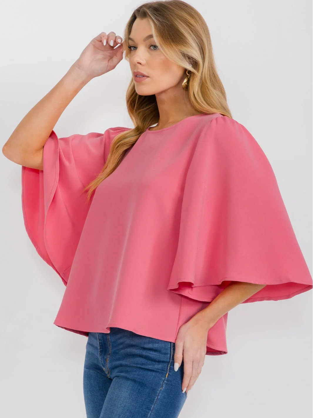 Pink Bell Sleeve Solid Blouse - 1694