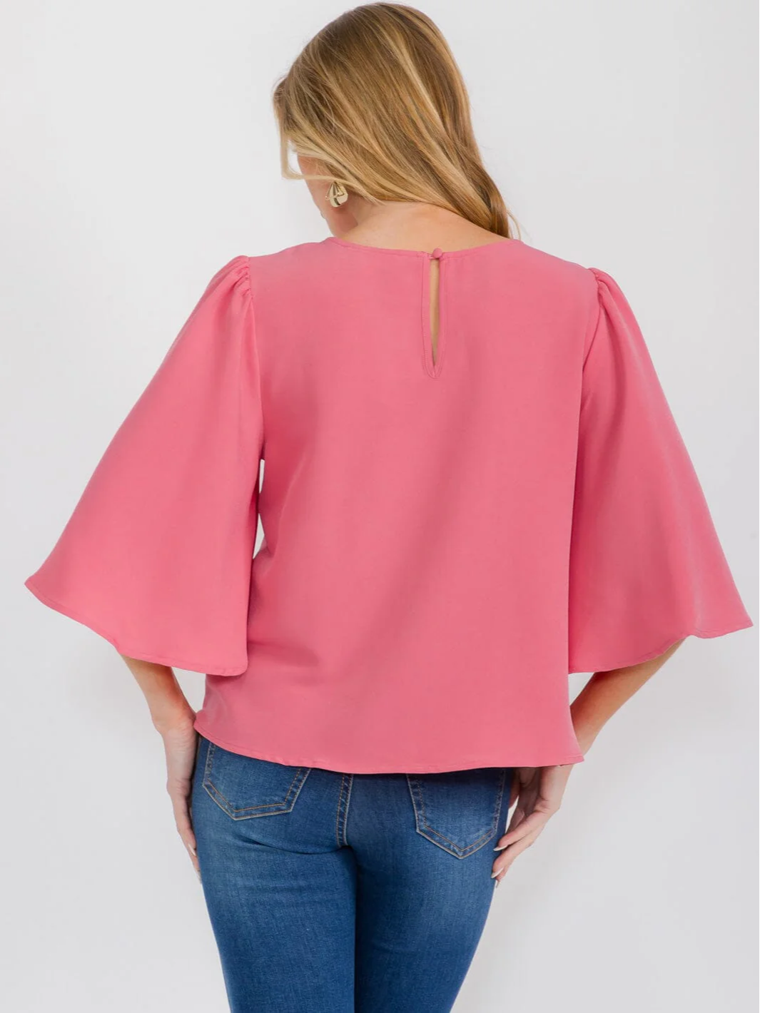 Pink Bell Sleeve Solid Blouse - 1694