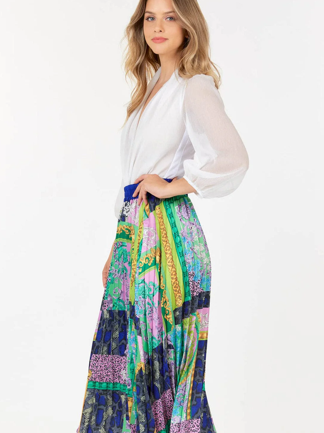 Elastic Waist Midi Pleated Midi Skirt - 1691