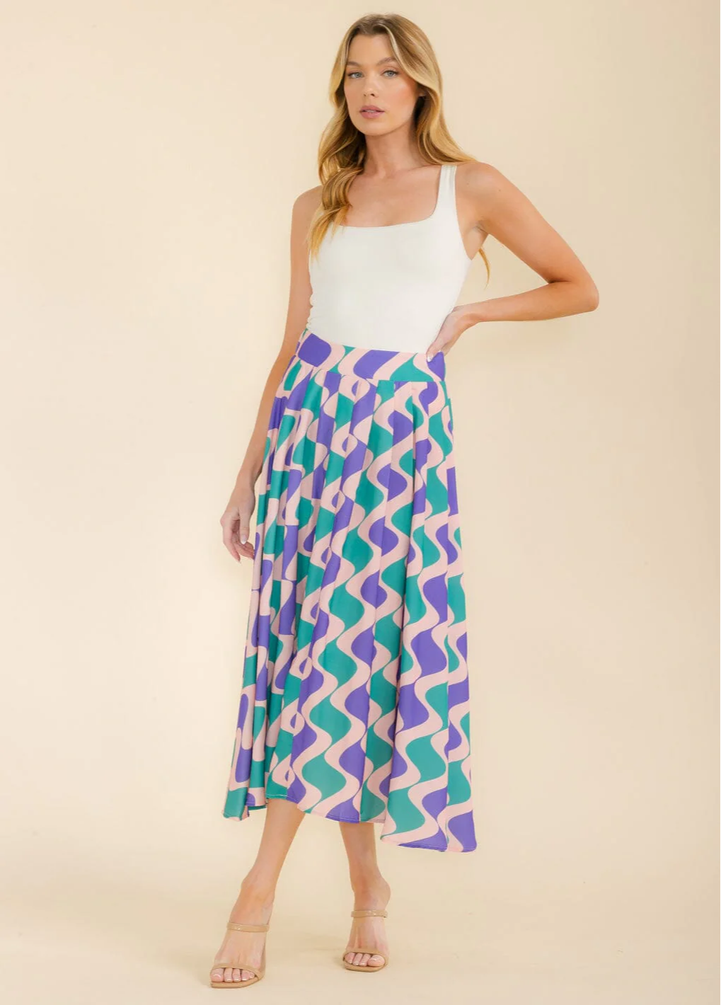 Elastic Waist Blush/Green/Purple Maxi Skirt - 1705