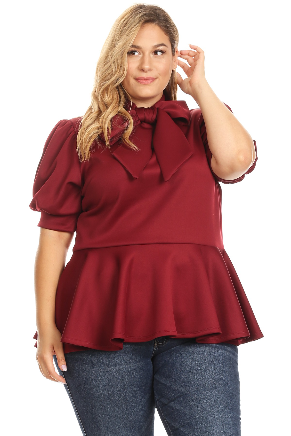 Plus Size Burgundy Tie Neck Peplum Top - 1320