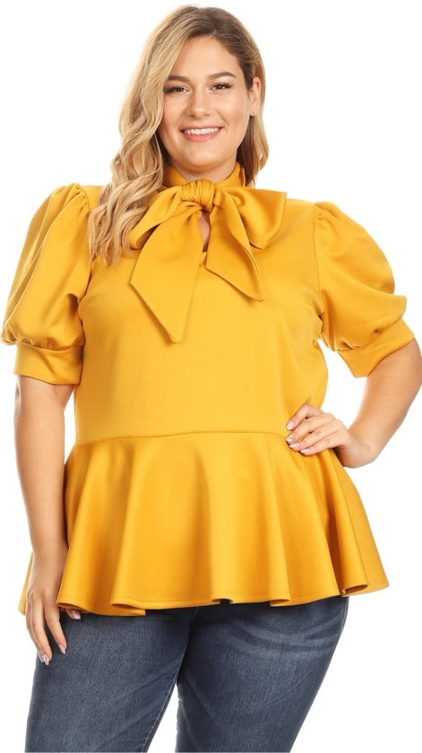 Plus Size Mustard Tie Neck Top - 1295