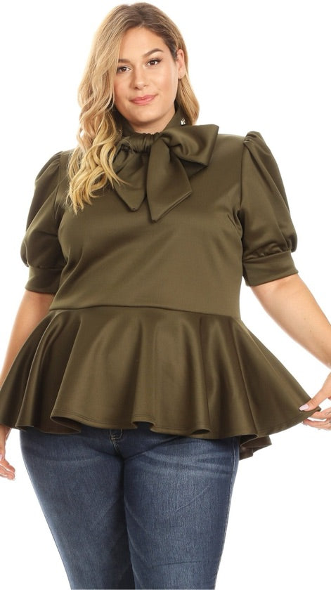 Plus Size Olive Tie Neck Peplum Top - 1090