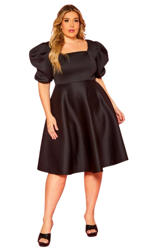 Plus Size Black Puff Sleeve Skater Dress - 1285