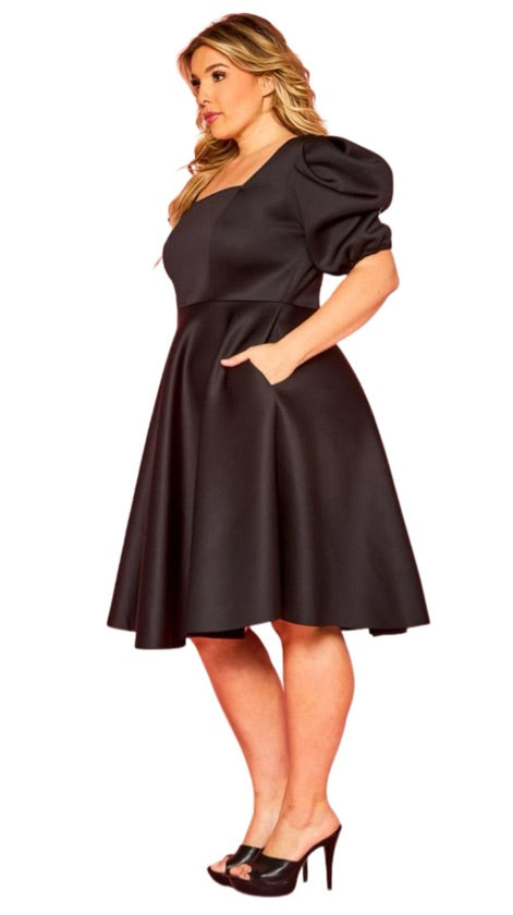 Plus Size Black Puff Sleeve Skater Dress - 1285