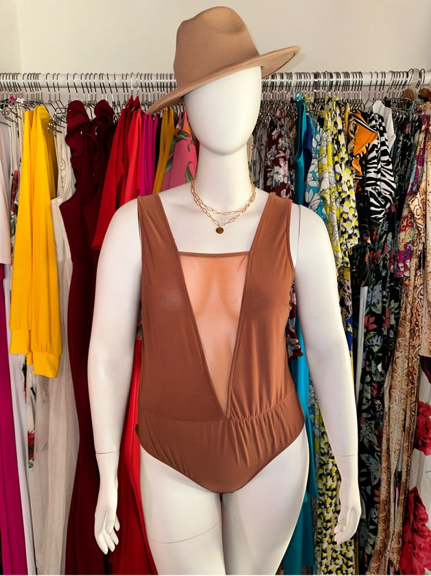 Plus Size Brown Mesh Detail Bodysuit - 1410