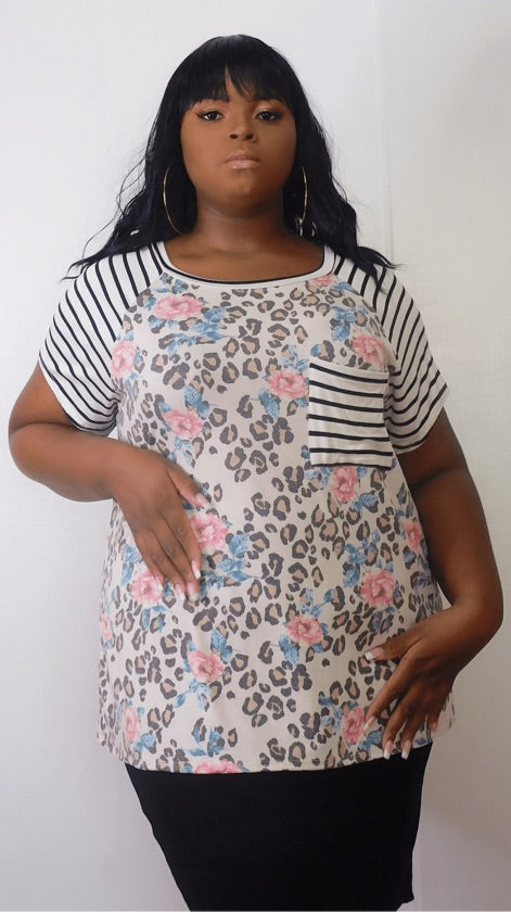 Plus Size Mix Print Leopard Pocket Top - 1265