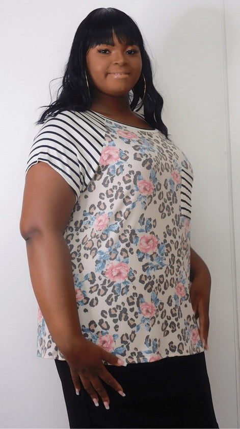 Plus Size Mix Print Leopard Pocket Top - 1265