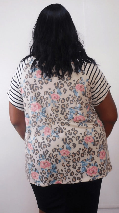 Plus Size Mix Print Leopard Pocket Top - 1265