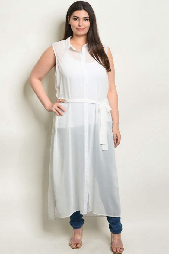 Plus Size White Sheer Belted Kimono - 1016