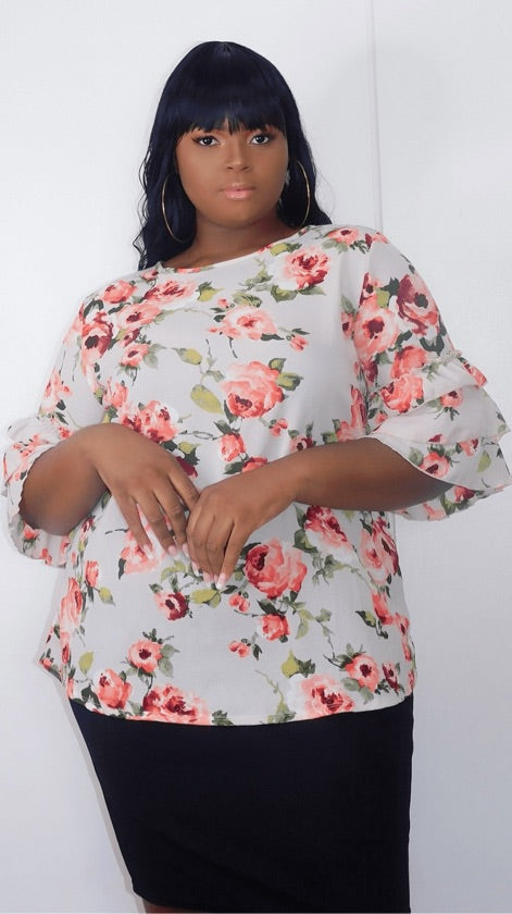 Plus Size Ivory Ruffle Floral Top - 1082