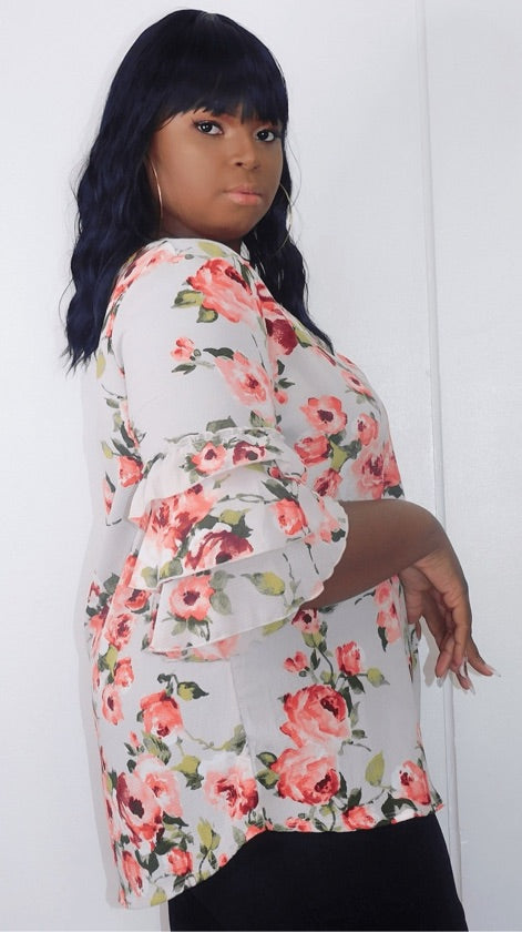 Plus Size Ivory Ruffle Floral Top - 1082