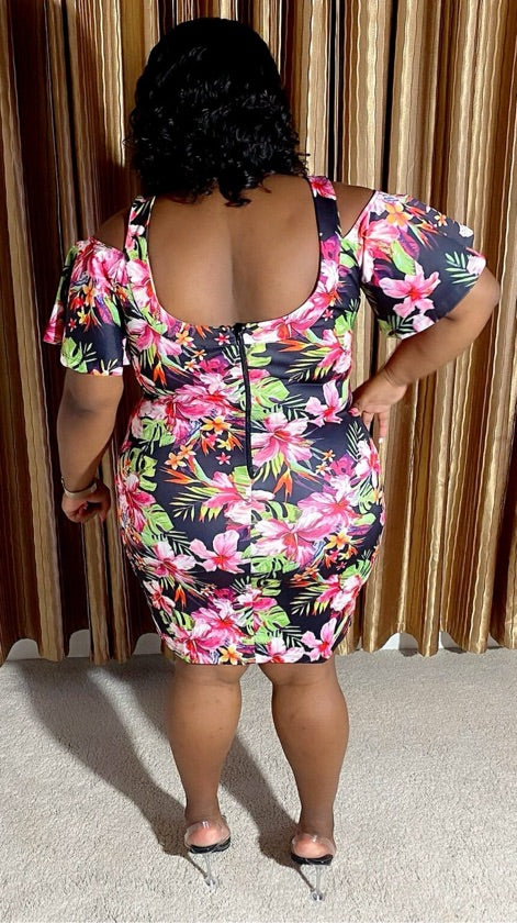 Plus Size Floral Print Cold Shoulder Dress - 1260