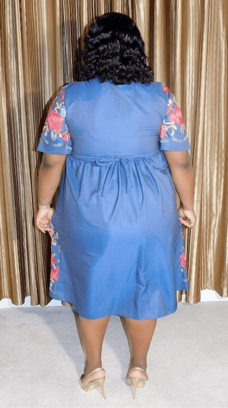 Plus Size Embroidered Denim Dress - 1025