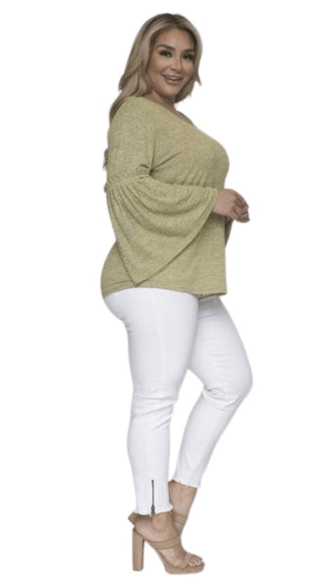 Plus Size Yellow-Gray Long Belle Sleeve Top - 1077