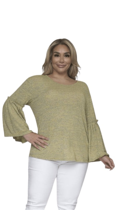 Plus Size Yellow-Gray Long Belle Sleeve Top - 1077