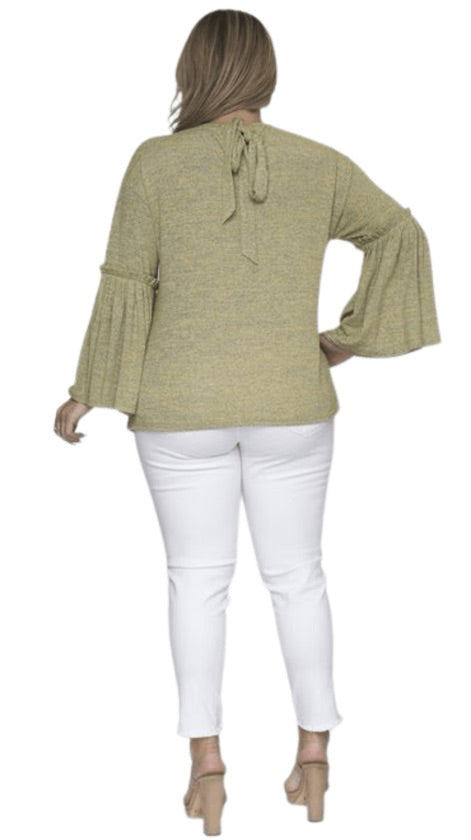Plus Size Yellow-Gray Long Belle Sleeve Top - 1077