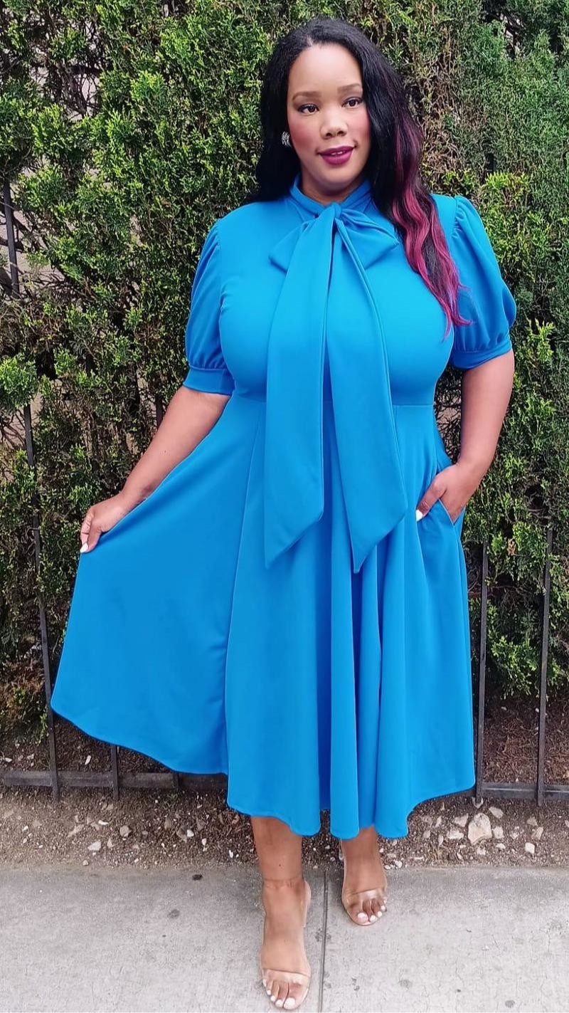 Plus Size Blue Self Tie Bow Midi Skater Dress - 1346