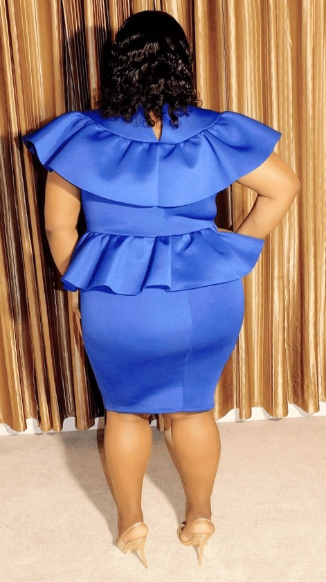Plus Size Double Ruffle Royal Blue Dress - 1288