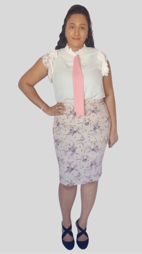 Plus Size Ivory Floral Midi Skirt - BLS1088E