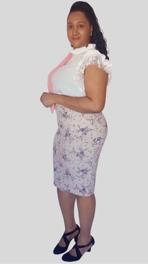 Plus Size Ivory Floral Midi Skirt - BLS1088E