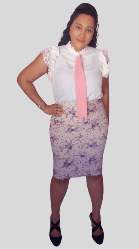 Plus Size Ivory Floral Midi Skirt - BLS1088E
