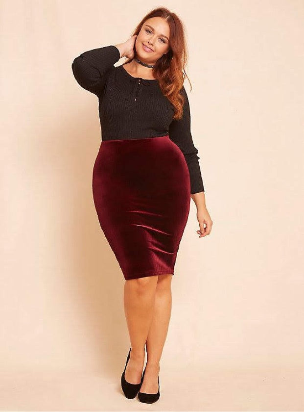 Plus Size Burgundy Velvet Pencil Skirt - 16052-SK