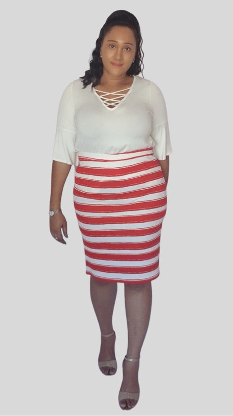 Plus Size Red And White Striped Skirt - 1048