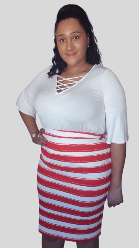 Plus Size Red And White Striped Skirt - 1048