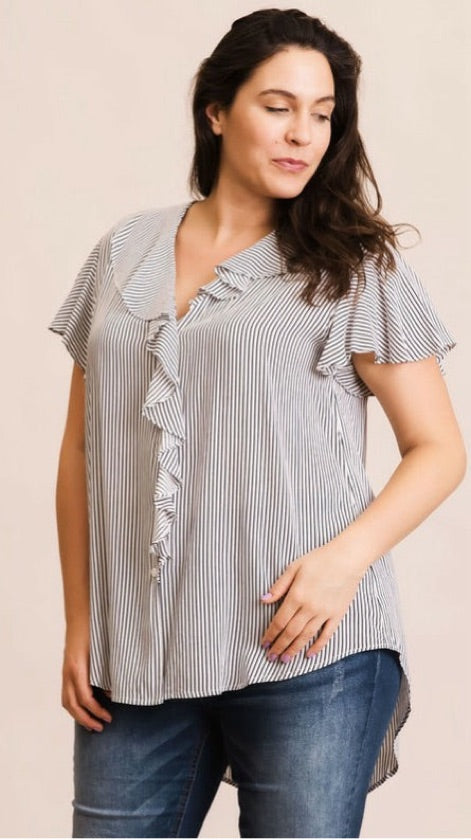 Plus Size Black Ruffle Striped Top - KXT3471EY