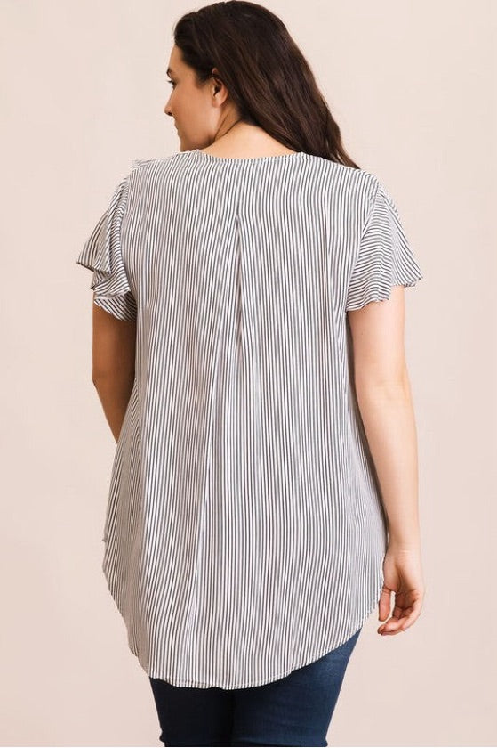 Plus Size Black Ruffle Striped Top - KXT3471EY