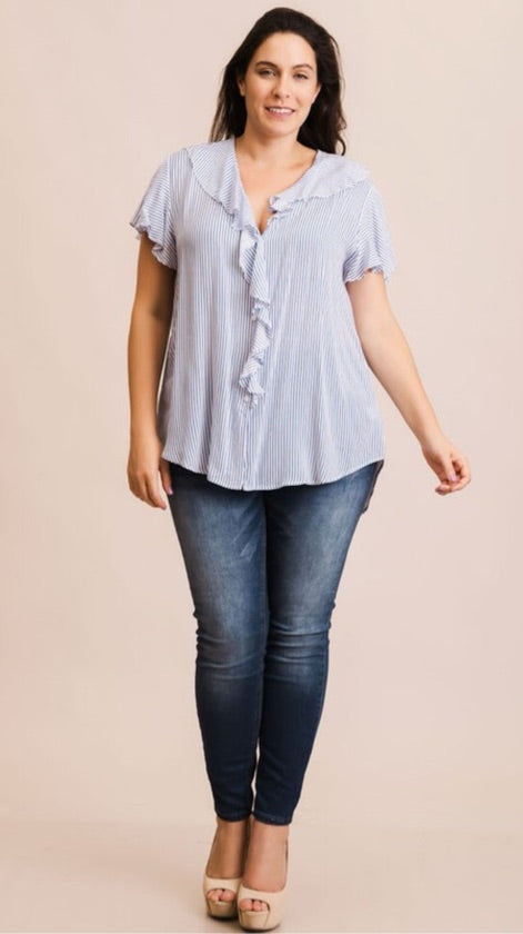 Plus Size Black Ruffle Striped Top - KXT3471EY