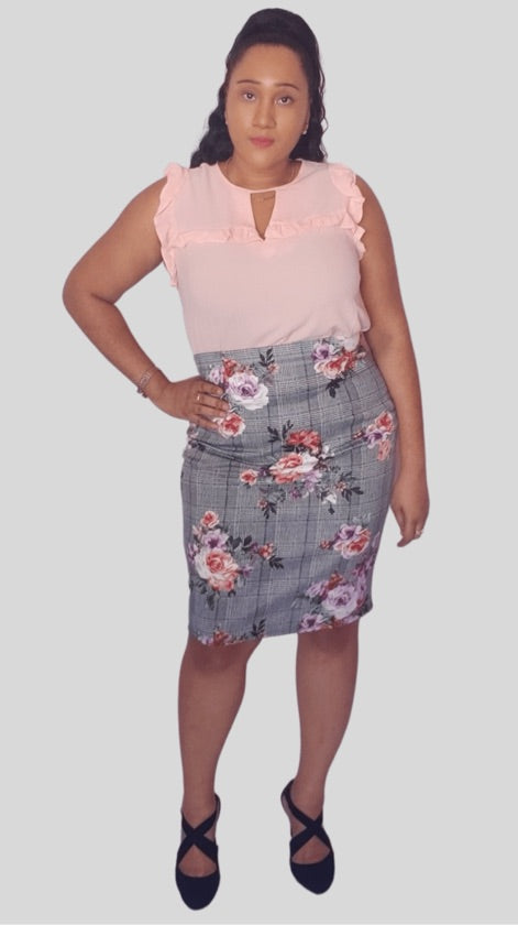 Plus Size Checked Floral Skirt - XS3667DUP