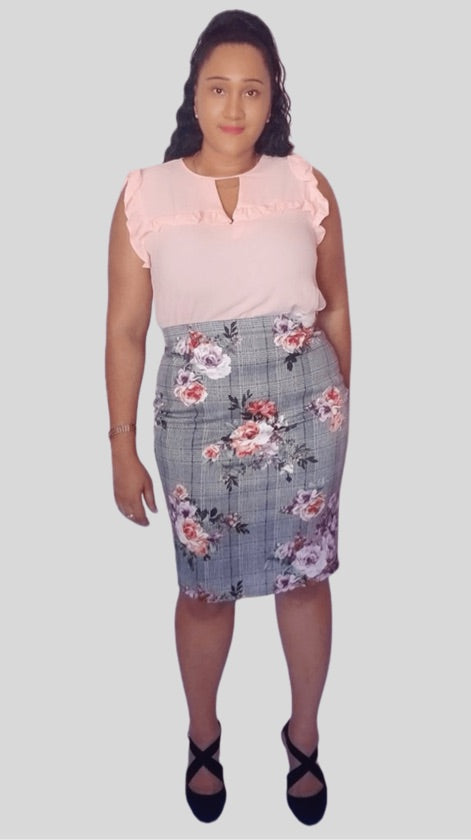 Plus Size Checked Floral Skirt - XS3667DUP