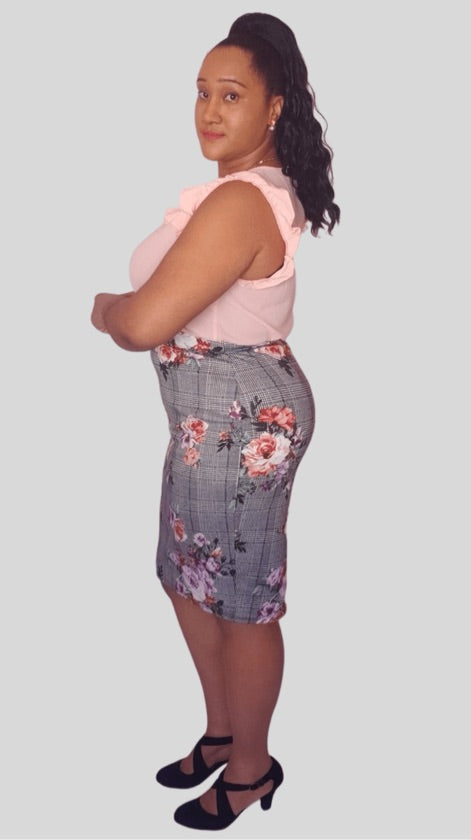 Plus Size Checked Floral Skirt - XS3667DUP