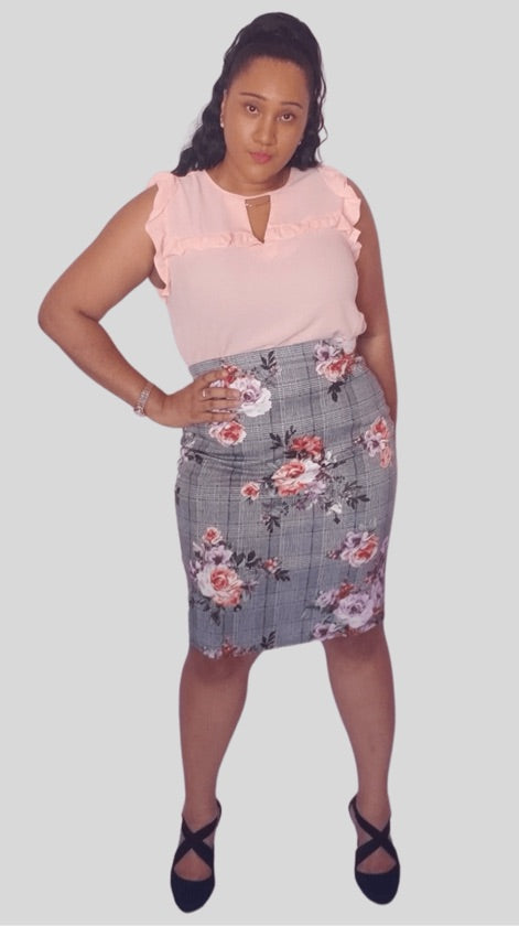 Plus Size Checked Floral Skirt - XS3667DUP