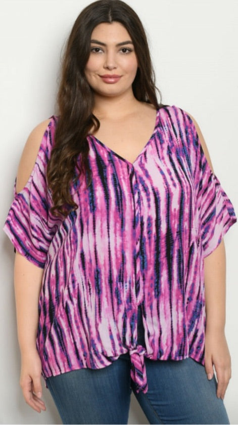 Plus Size Purple Tie-Dye Cold Shoulder Loose Top - JT13236