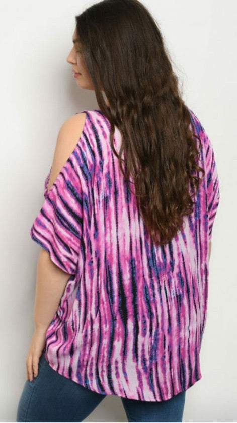 Plus Size Purple Tie-Dye Cold Shoulder Loose Top - JT13236