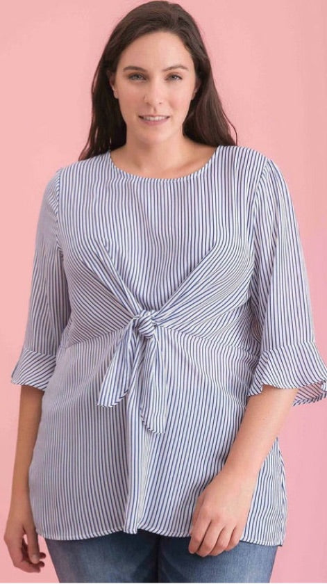 Plus Size Knot Front Blue Striped Blouse - KXT3491EY